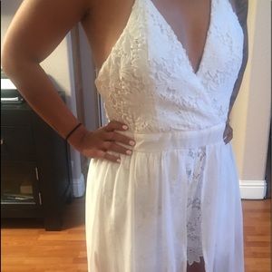 White Lace Wedding Romper with sheer train